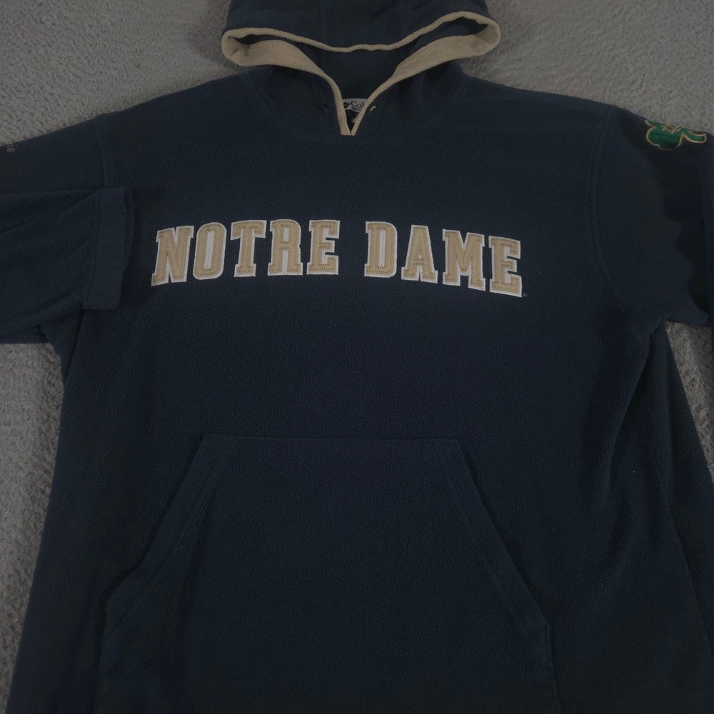 VINTAGE Columbia Hoodie Mens Large Navy Fleece Pullover Notre Dame Logo NCAA Y2K